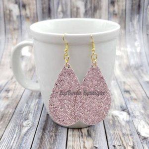Rose Pink Chunky Glitter Teardrop Faux Leather Earring  (2)  HAND CRAFTED